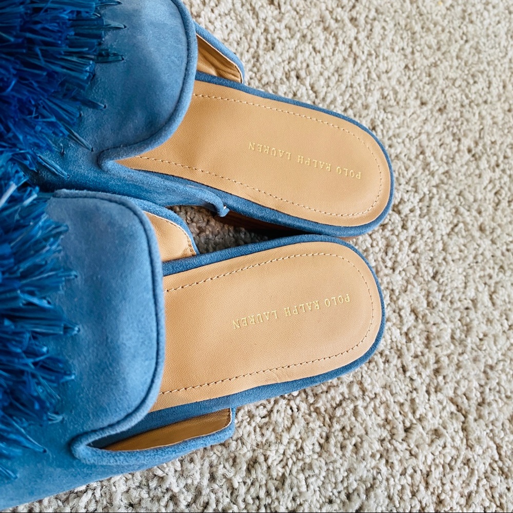 Beautiful Blue Suede Comfortable Round Toe Mules w Blue Raffia Accent Size 8.5 - Picture 8 of 10